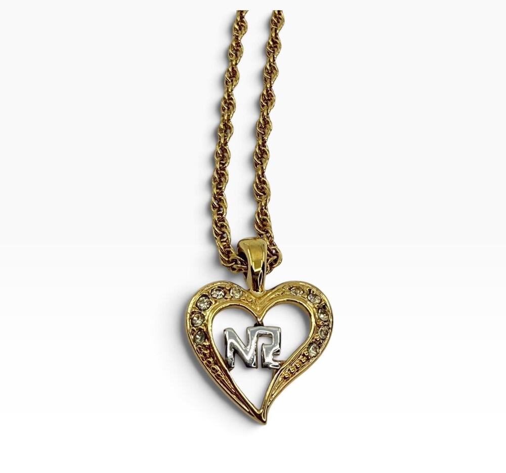 Vintage Nina Ricci Crystal Heart NR Pendant Necklace – Gold Tone